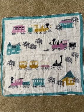 Vintage Pat Richard handkerchief buggies, trains, houses white aqua pink yellow